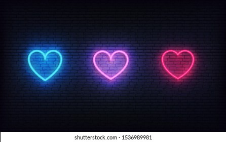 Heart Neon Icons Set. Glowing Bright Red, Purple And Blue Hearts