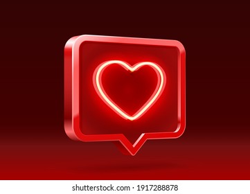 Heart neon like icon, sign follower 3d banner, love post social media. Vector illustration