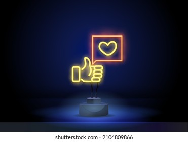 Heart neon sign. Neon like in speech bubble on stand. Romantic light banner. Bright night neon signboard. Romantic design for Valentines Day. Vector illustration