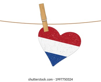 Heart Netherlands flag on clothesline. Vector illustration on a white background.
