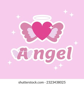 Heart with nimbus and angel wings sticker in y2k style. Sign Angel logo, design element illustration for card, print. Nostalgic 90s, 2000s icon. Vector