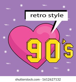 heart with nineties lettering and speech bubble vector illustration design