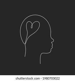 Heart in non-binary human head, Asian face in profile with snub nose continuous one line drawing, Vector graphics minimalist linear illustration made of single white line on black background