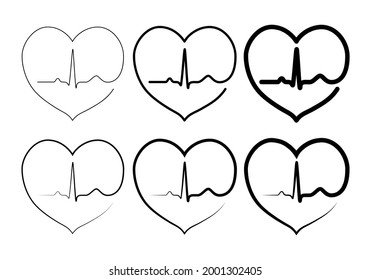 Heart with normal electrocardiogram isolated on white background. Cardio emblem with healthy heart for medical identity, cardiac surgery center, pharmaceutical industry, clinic, fitness. Vector set.