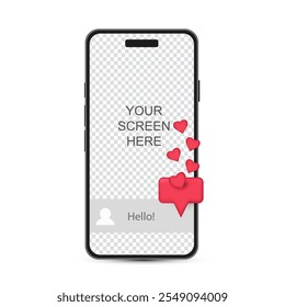Heart notification icon. On a mobile phone. 3d rendering. On a transparent background.