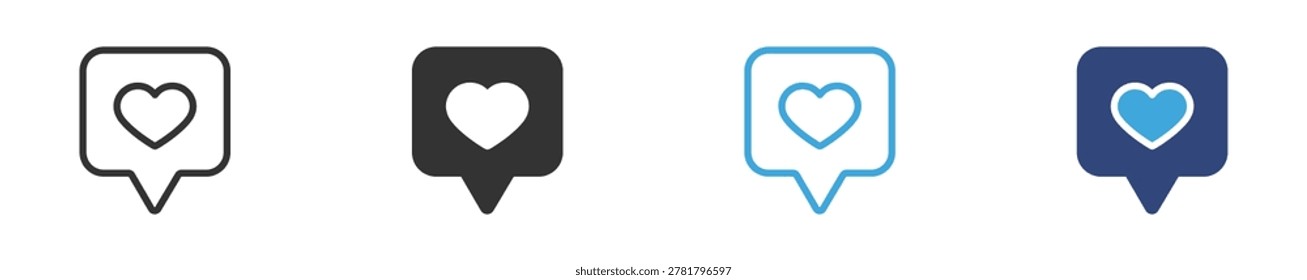 Heart Notification Message Icon Set, Social media likes, online engagement, chat reaction, and communication vector icons for mobile apps and digital platforms.