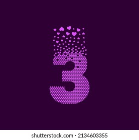 Heart number 3 animated pixel dot logo. Big 3 mark pixels up. It is filled with hearts. Complementary and integrative pixel movement. The modern heart connects the dots.