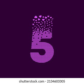 Heart number 5 animated pixel dot logo. Big 5 mark pixels up. It is filled with hearts. Complementary and integrative pixel movement. The modern heart connects the dots.
