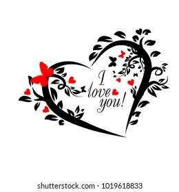 Heart object with butterflies and leaves. Vector