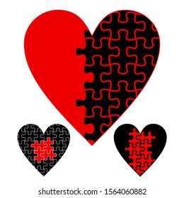Heart object made of puzzle pieces. Make complete heart. Jigsaw puzzle pieces in form of heart. Happy Valentines Day, greeting card template. Heart jigsaw puzzle.