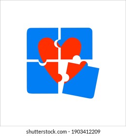 Heart object made of puzzle pieces.  Icon symbol, logo design. Vector illustration.