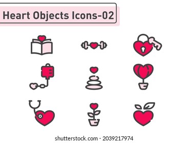 Heart objects filled line icon set isolated on white background ep02