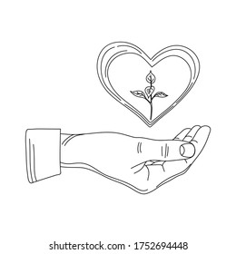 The heart on the arm and the sprout in it, the linear art monochrome isolated on white background. 