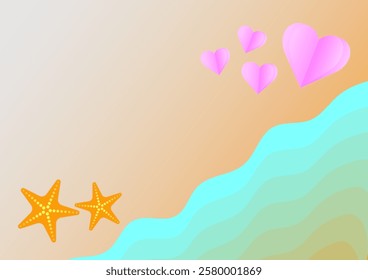 Heart on the beach with starfish on Valentine's Day
