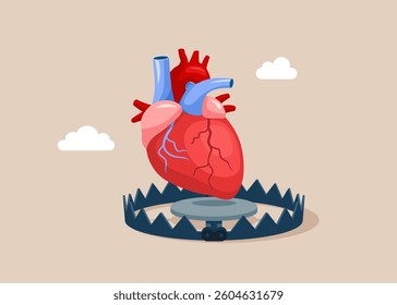 Heart on bear trap. Human heart anatomy. Organs symbol. Medicine Design Background. After love failure, burnout or no inspiration. Modern vector illustration in flat style