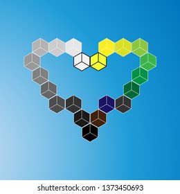 Heart on a blue background. Vector image of a heart from cubes of different colors.