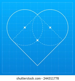 Heart on blueprint paper. Valentines day concept. Vector illustration.