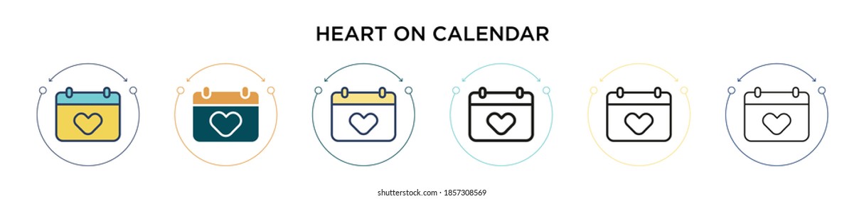 Heart on calendar icon in filled, thin line, outline and stroke style. Vector illustration of two colored and black heart on calendar vector icons designs can be used for mobile, ui, web