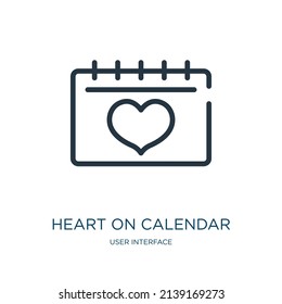 heart on calendar thin line icon. heart, message linear icons from user interface concept isolated outline sign. Vector illustration symbol element for web design and apps.