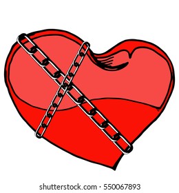Heart on a chain. Vector illustration of a red heart with chain. Hand drawn red heart.
