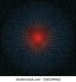 Heart on the circuit board background