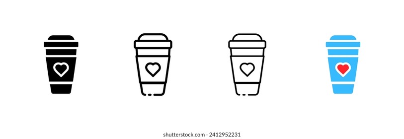 Heart on coffee glass. Linear, cardboard glass of coffee with heart icons. Vector icons