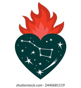 The heart is on fire. A burning heart with a starry sky inside. Constellations in the firmament inside the fiery heart. Illustrated vector clipart.