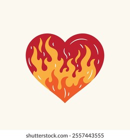 Heart on Fire. Burning Heart Symbol of Love and Passion for Valentine day design. Hand drawn vector illustration.