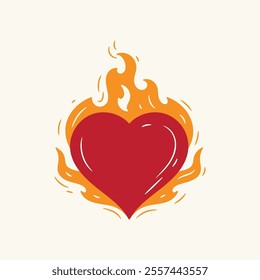 Heart on Fire. Burning Heart Symbol of Love and Passion for Valentine day design. Hand drawn vector illustration.