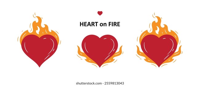 Heart on Fire. Burning Heart Symbol of Love and Passion for Valentine day design. Hand drawn vector illustration.