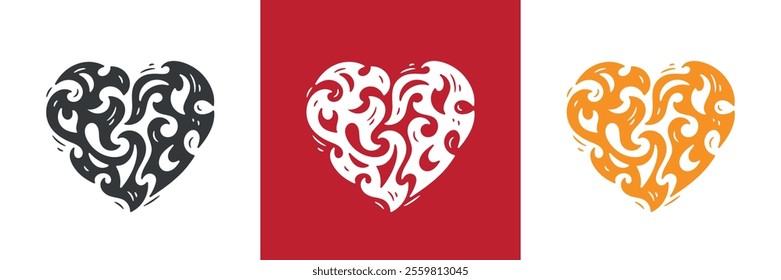 Heart on Fire. Burning Heart Symbol of Love and Passion for Valentine day design. Hand drawn vector illustration.