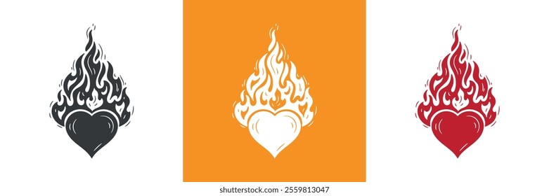 Heart on Fire. Burning Heart Symbol of Love and Passion for Valentine day design. Hand drawn vector illustration.