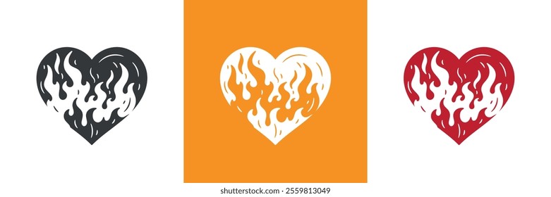 Heart on Fire. Burning Heart Symbol of Love and Passion for Valentine day design. Hand drawn vector illustration.