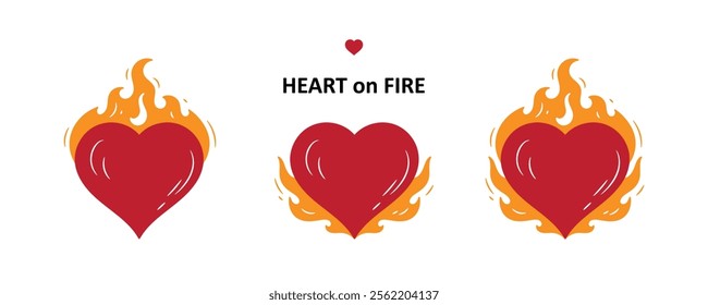 Heart on Fire. Burning Heart Symbol of Love and Passion for Valentine day design. Hand drawn vector illustration.