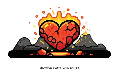Heart on fire with burning volcano