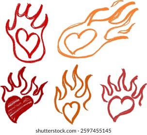 Heart on Fire Crayon Chalk Drawing Vector Set