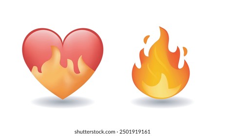 Heart on fire and fire flame emoji vector illustration set isolated on white background. 3d illustration.