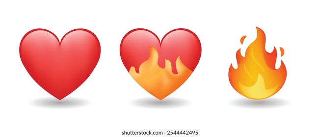 Heart on fire and fire flame emoji vector illustration set isolated on white background. 3d illustration.