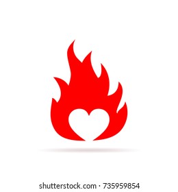 Heart on fire, isolated on white background. Heart in flame, in flat design. Vector illustration