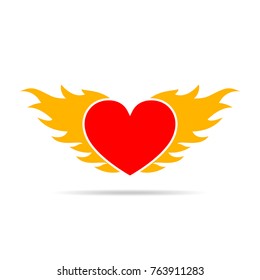 Heart on fire, isolated on white background. Heart in flame, in flat design. Vector illustration