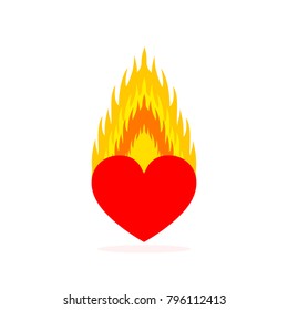 Heart on fire, isolated on white background. Heart in flame, in flat design. Vector illustration