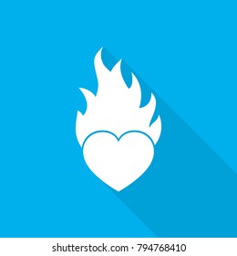 Heart on fire with long shadow on blue background. Vector illustration. Heart on fire icon in flat design.