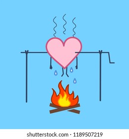 Heart on fire. Vector concept illustration of hert in love barbecue on skewer | flat design linear infographic icon on blue background