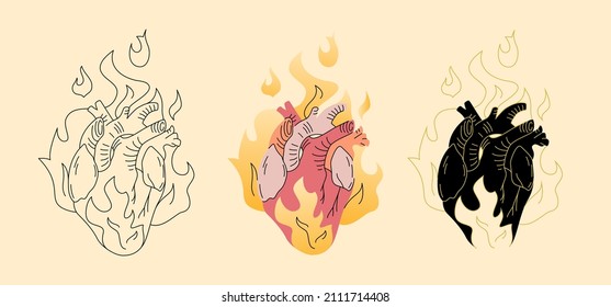 Heart fire vector illustration in linear  colored    black   gold  Tattoo  t  shirt  poster  Valentine card templates  Burning heart aesthetic 