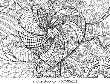 Heart On Floral Background For Adult Coloring Book And Valentine's Card. Stock Vector