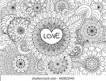 Heart on flowers for coloring books for adult or valentines card