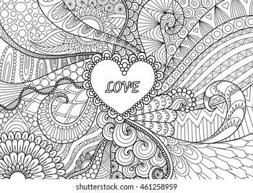 Heart on flowers for coloring books for adult or valentines card