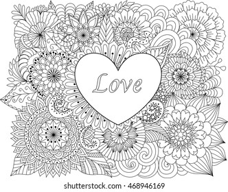 Heart on flowers for coloring books for adult or valentines card