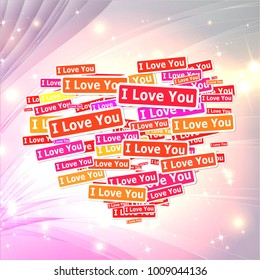 Heart on a glow background. Card for Valentine's Day with glow bokeh and particles. Valentine's day message. With text i love you.
