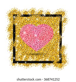 Heart on a gold background in the frame. Template for greetings happy Valentine's day, wedding, Declaration of love. I love you. 14 february